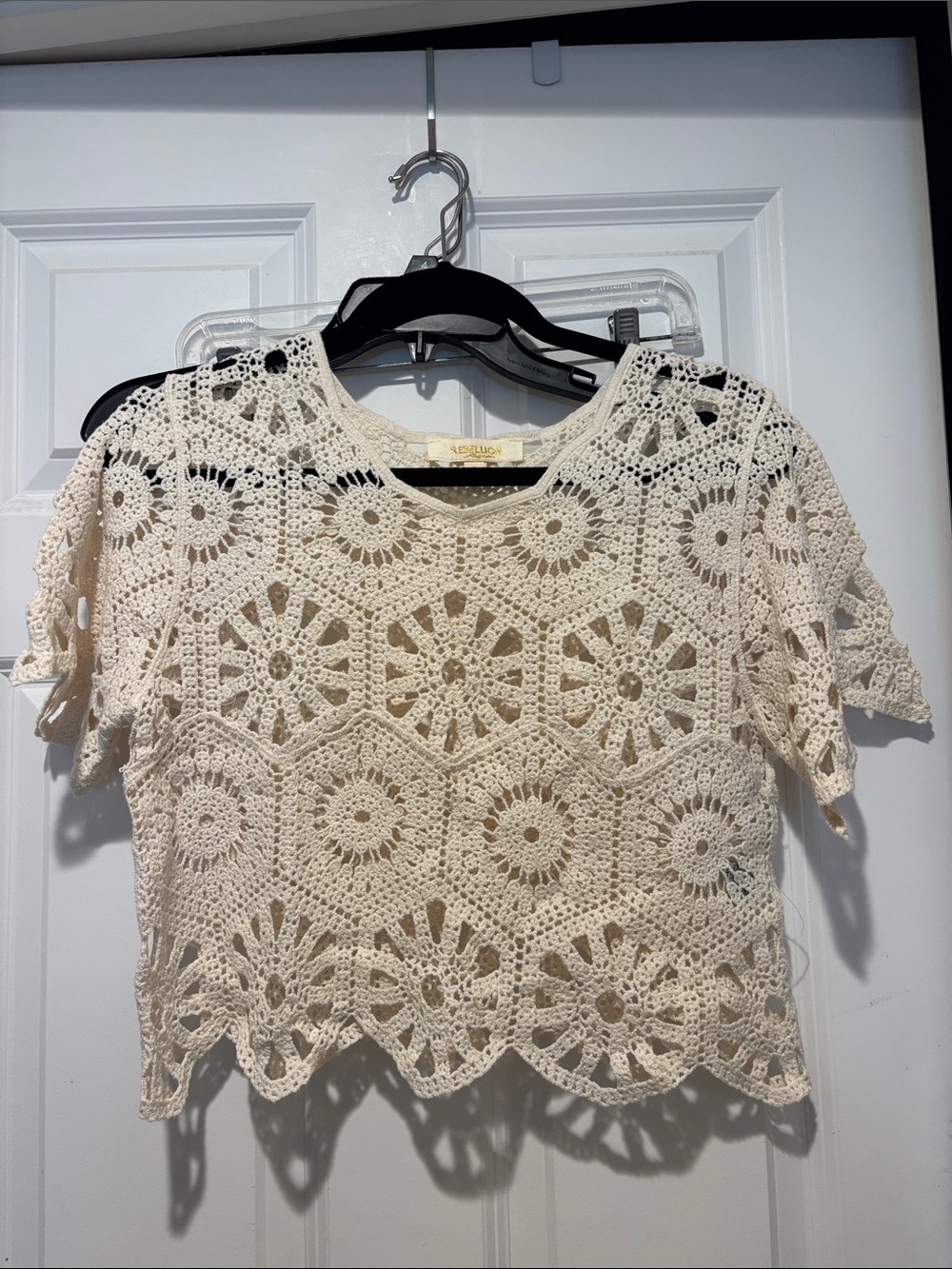 Cream Crochet Short Sleeve Crop Top
